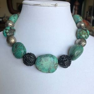 Turquoise Blue/Green & Black Onyx Gemstones with Sterling Silver Necklace